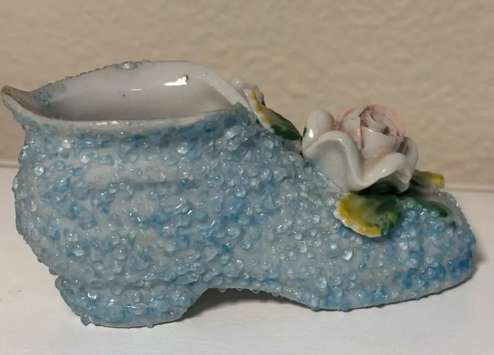 Vintage Porcelain Beaded Shoe Figurine Blue Moss Applied Rose Occupied JapaN